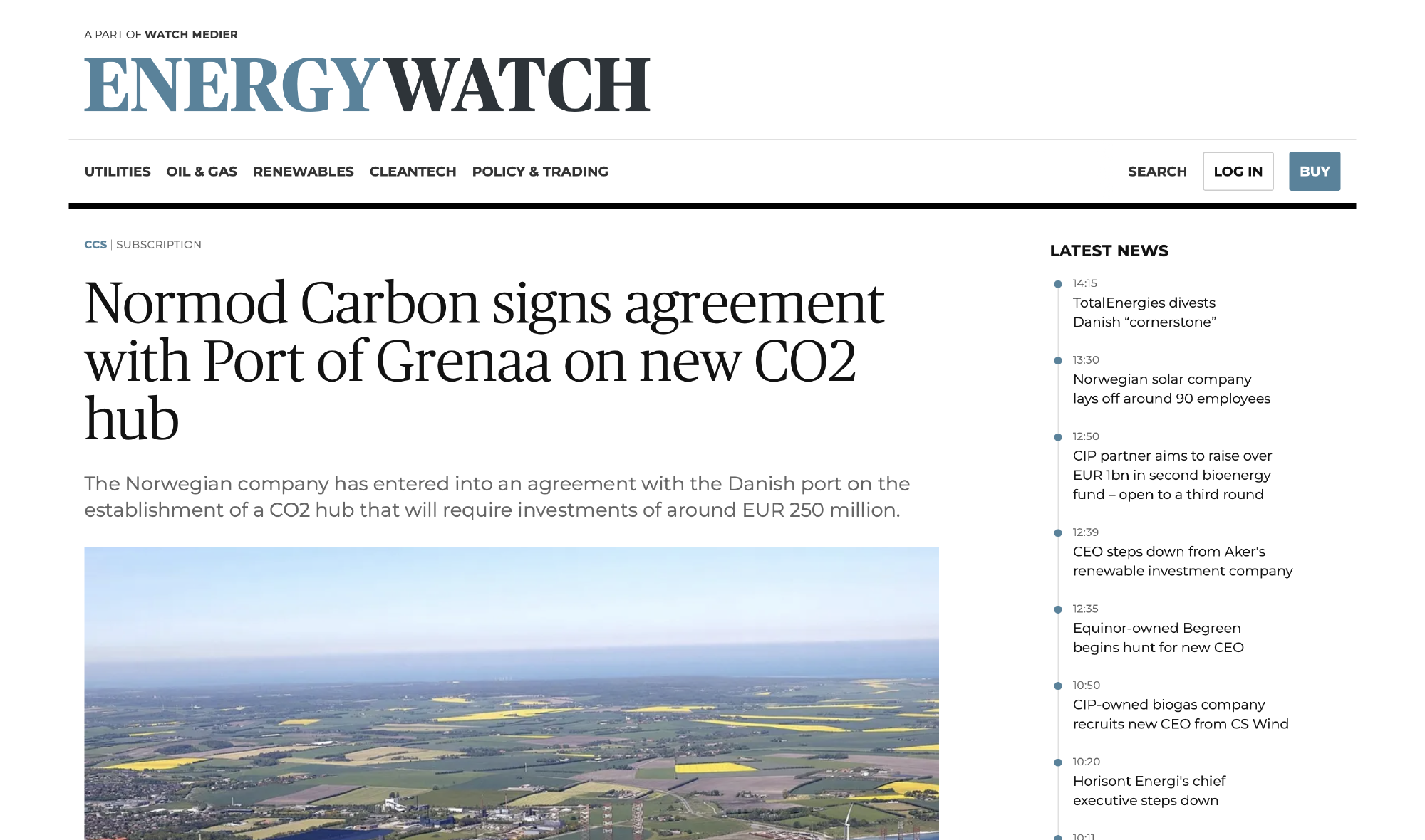 September 2025 press release in EnergyWatch: Normod Carbon signs an exclusive port development agreement for a new CO₂ terminal at the Port of Grenaa, Denmark, requiring investments of about €250 million.