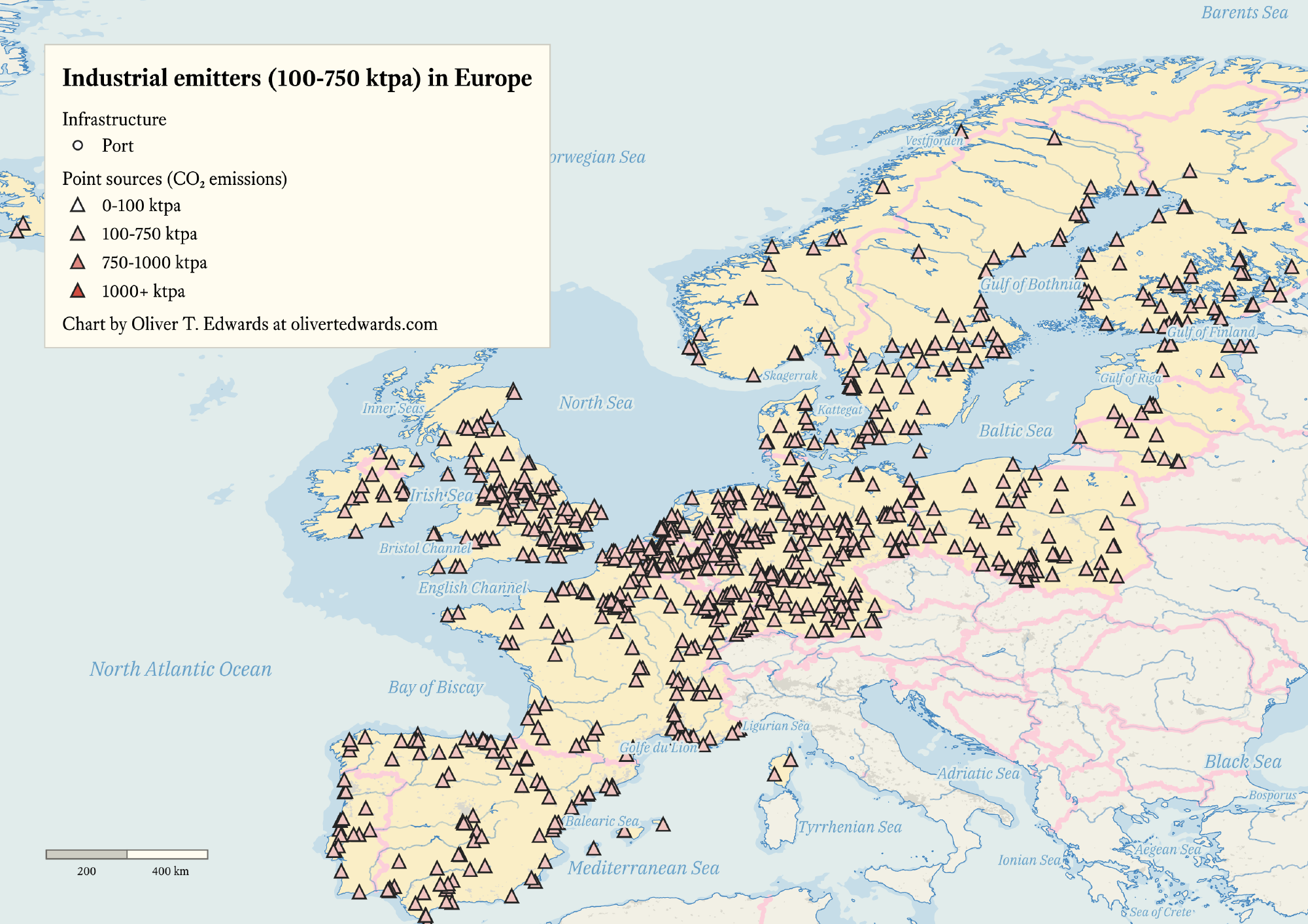 Geographic distribution of mid-sized CO₂ point sources (100-750 ktpa) across Europe, highlighting Belgium, Denmark, Estonia, Finland, France, Germany, Iceland, Ireland, Latvia, Lithuania, Netherlands, Norway, Poland, Portugal, Spain, Sweden, and the United Kingdom.