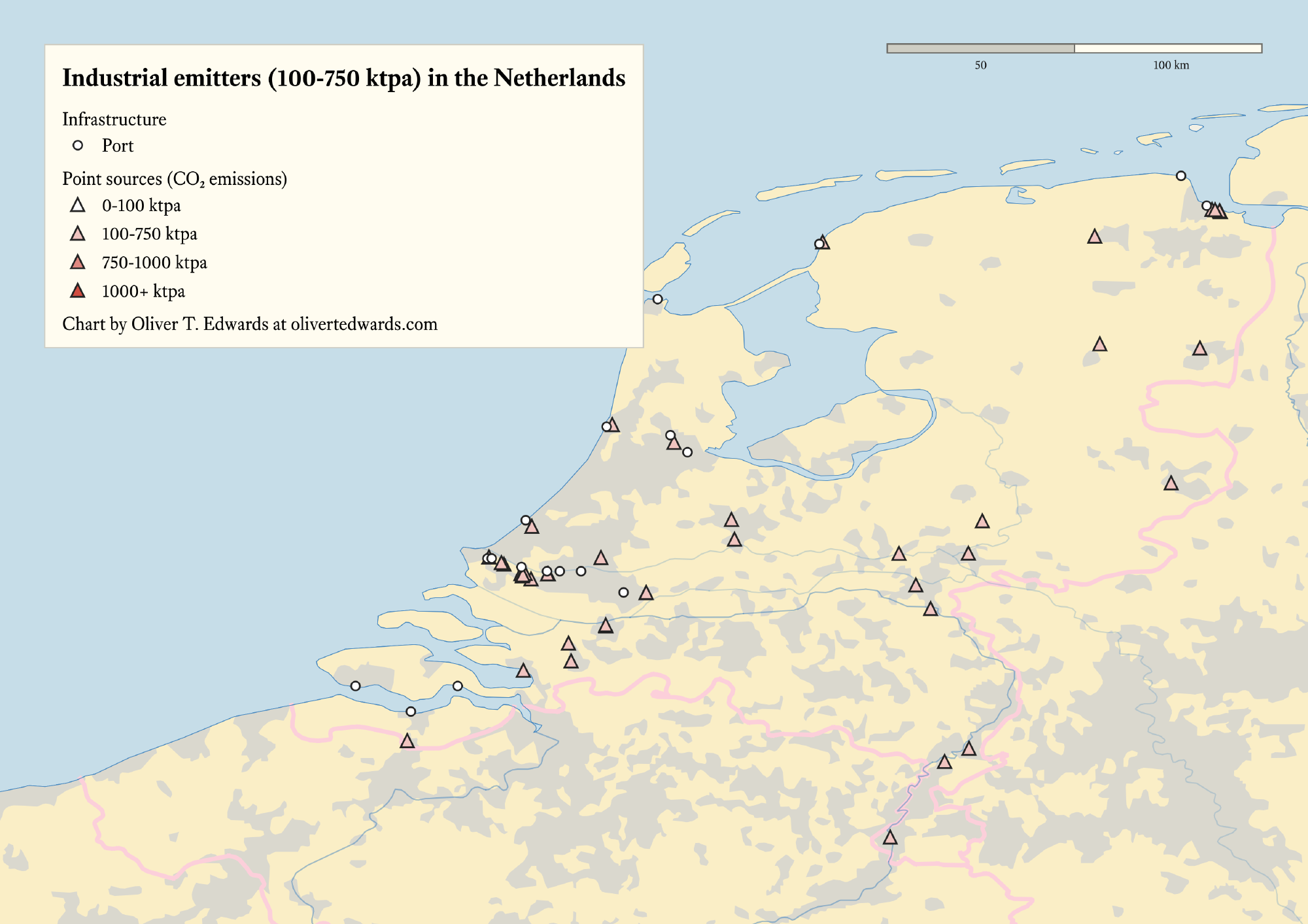 Map showing geographic distribution of mid-sized CO₂ point sources (100-750 ktpa) across the Netherlands, showing clusters around the Rhine and Meuse deltas.