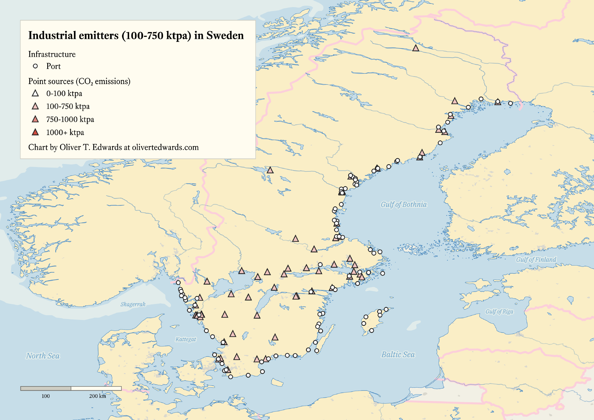 Map of mid-sized CO₂ point sources (100-750 ktpa) across Sweden with higher concentrations in southern regions.